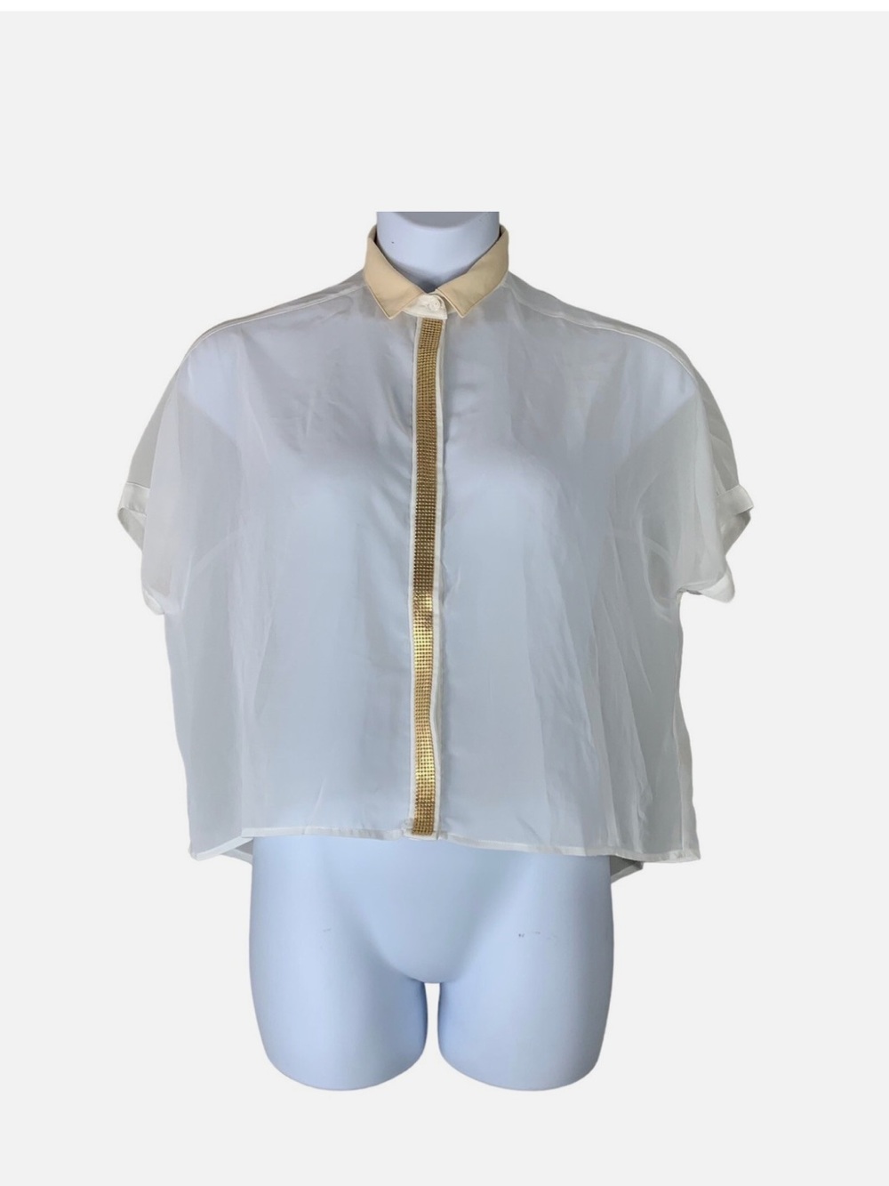 Elodie Sheer White Short-Sleeve Blouse with Gold Trim